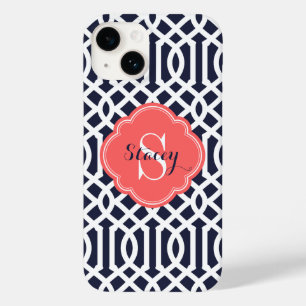 Navy and Coral Modern Trellis Monogram Case-Mate iPhone 14 Case