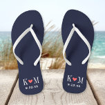 Navy and Coral Modern Wedding Monogram Flip Flops<br><div class="desc">Custom printed flip flop sandals personalized with a cute heart and your monogram initials and wedding date. Click Customize It to change text fonts and colours or add your own images to create a unique one of a kind design!</div>