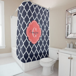 Navy and Coral Moroccan Quatrefoil Monogram