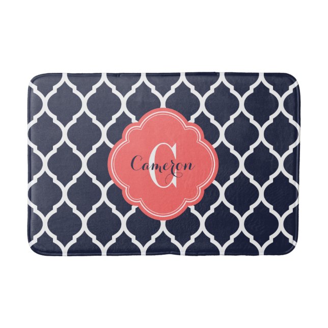 Navy and Coral Moroccan Quatrefoil Monogram Bath Mat (Front)