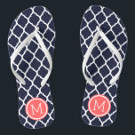 Navy and Coral Moroccan Quatrefoil Monogram Flip Flops<br><div class="desc">Custom printed flip flop sandals with a stylish Moroccan quatrefoil pattern and your custom monogram or other text in a circle frame. Click Customize It to change text fonts and colours or add your own images to create a unique one of a kind design!</div>