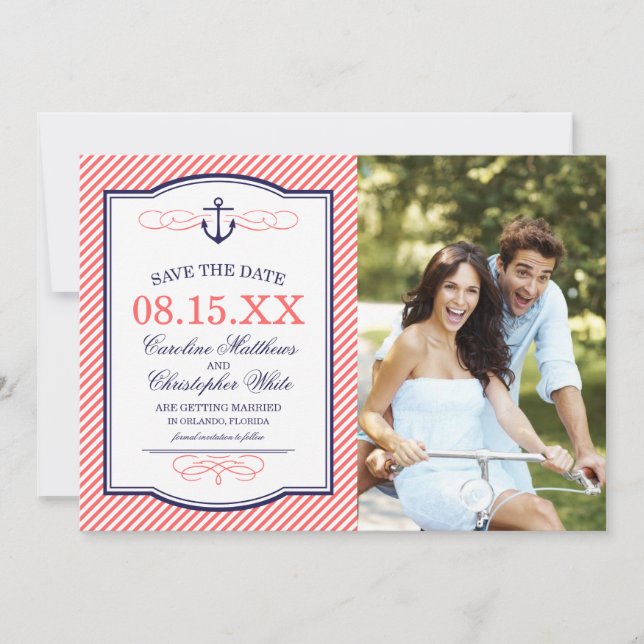 Navy and Coral Nautical Anchor Photo Save the Date (Front)