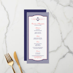 Navy and Coral Nautical Anchor Wedding Menu Card