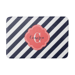 Navy and Coral Preppy Stripes Monogram Bath Mat