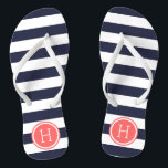 Navy and Coral Preppy Stripes Monogram Flip Flops<br><div class="desc">Custom printed flip flop sandals with a preppy nautical stripe pattern and your custom monogram or other text in a circle frame. Click Customize It to change text fonts and colours or add your own images to create a unique one of a kind design!</div>