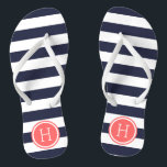 Navy and Coral Preppy Stripes Monogram Flip Flops<br><div class="desc">Custom printed flip flop sandals with a preppy nautical stripe pattern and your custom monogram or other text in a circle frame. Click Customize It to change text fonts and colours or add your own images to create a unique one of a kind design!</div>