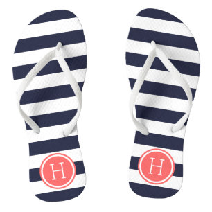 Navy and Coral Preppy Stripes Monogram Flip Flops