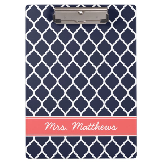Navy and Coral Quatrefoil Custom Monogram Clipboard (Front)