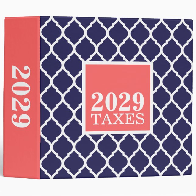Navy and Coral Quatrefoil Cute Tax Binder (Front/Spine)
