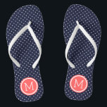 Navy and Coral Tiny Dots Monogram Flip Flops<br><div class="desc">Custom printed flip flop sandals with a cute girly polka dot pattern and your custom monogram or other text in a circle frame. Click Customize It to change text fonts and colours or add your own images to create a unique one of a kind design!</div>