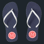 Navy and Coral Tiny Dots Monogram Flip Flops<br><div class="desc">Custom printed flip flop sandals with a cute girly polka dot pattern and your custom monogram or other text in a circle frame. Click Customize It to change text fonts and colours or add your own images to create a unique one of a kind design!</div>
