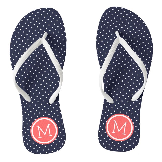 Navy and Coral Tiny Dots Monogram Flip Flops (Footbed)