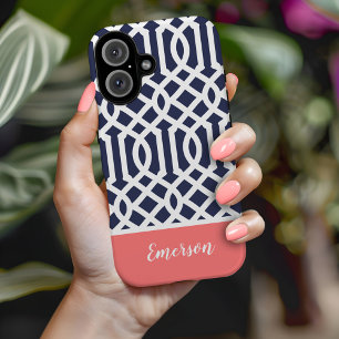 Navy and Coral Trellis Monogram Case-Mate iPhone 14 Case