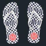 Navy and Coral Trellis Monogram Flip Flops<br><div class="desc">Custom printed flip flop sandals with a stylish modern trellis pattern and your custom monogram or other text in a circle frame. Click Customize It to change text fonts and colours or add your own images to create a unique one of a kind design!</div>
