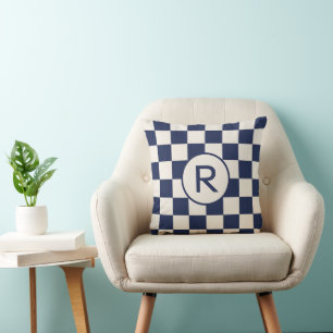 Navy and Cream Chequered Pattern Custom Monogram Throw Pillow