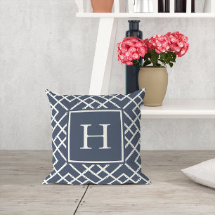 Navy and Cream Geometric Bamboo Lattice Monogram Throw Pillow