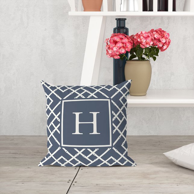Navy and Cream Geometric Bamboo Lattice Monogram Throw Pillow (Creator Uploaded)