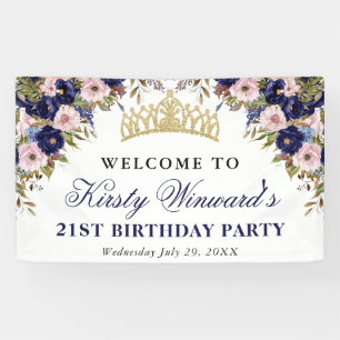 Navy and Cream Summer Flowers Birthday Banner
