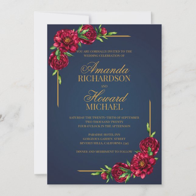 Navy and deep red peonies modern boho wedding invitation (Front)