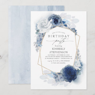Navy and Dusty Blue Floral Modern Birthday Party Invitation