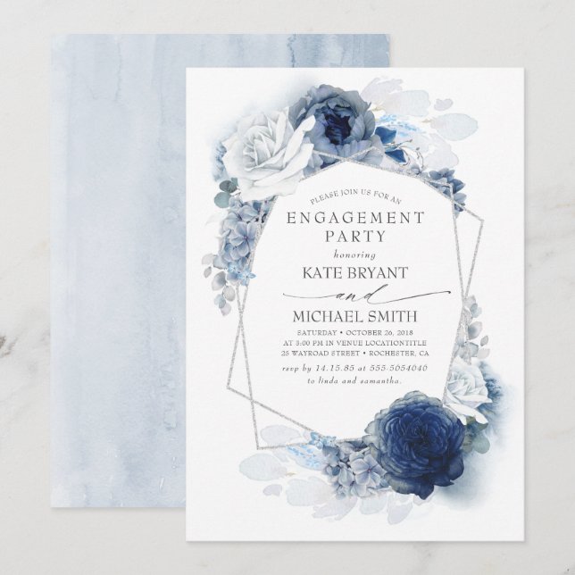 Navy and Dusty Blue Floral Silver Engagement Party Invitation (Front/Back)