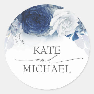 Navy and Dusty Blue Floral Wedding Classic Round Sticker