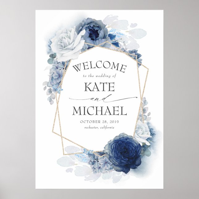 Navy and Dusty Blue Floral Wedding Welcome Poster (Front)