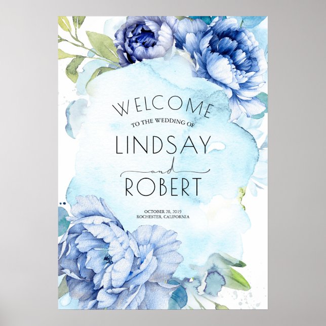 Navy and Dusty Blue Floral Wedding Welcome Sign (Front)
