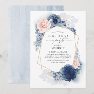 Navy and Dusty Pink Floral Modern Birthday Party Invitation