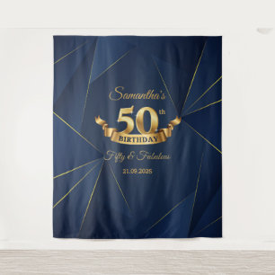 Navy and gold 50th birthday backdrop tapestry