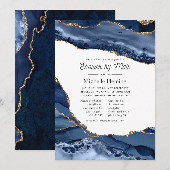 Navy and Gold Agate Baby or Bridal Shower by Mail Invitation (Front/Back)