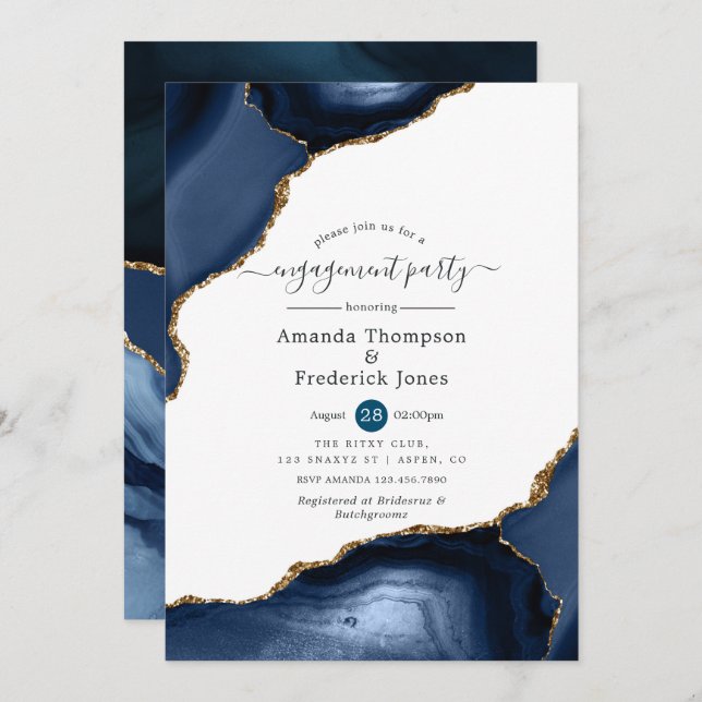 Navy and Gold Agate Engagement Party Invitation (Front/Back)