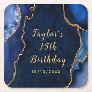 Navy and Gold Agate Marble Birthday Square Paper Coaster
