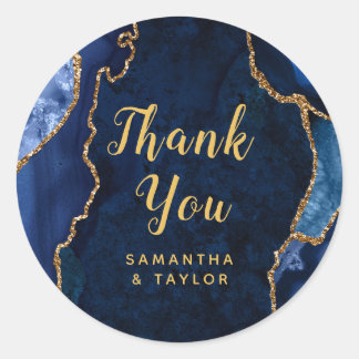 Navy and Gold Agate Marble Thank You Wedding Classic Round Sticker