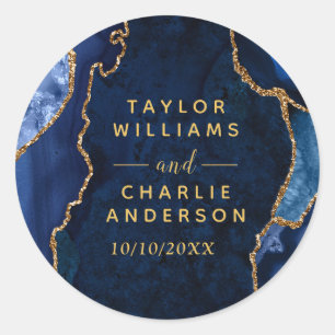 Navy and Gold Agate Marble Wedding Classic Round Sticker