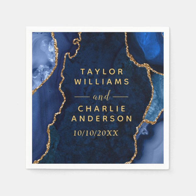 Navy and Gold Agate Marble Wedding Napkin (Front)