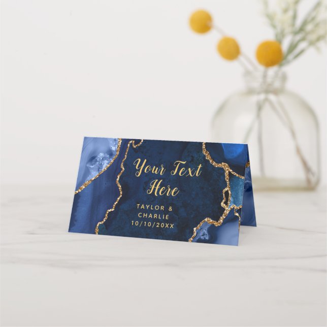 Navy and Gold Agate Marble Wedding Place Card (Back)