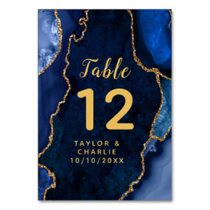 Navy and Gold Agate Marble Wedding Table Number