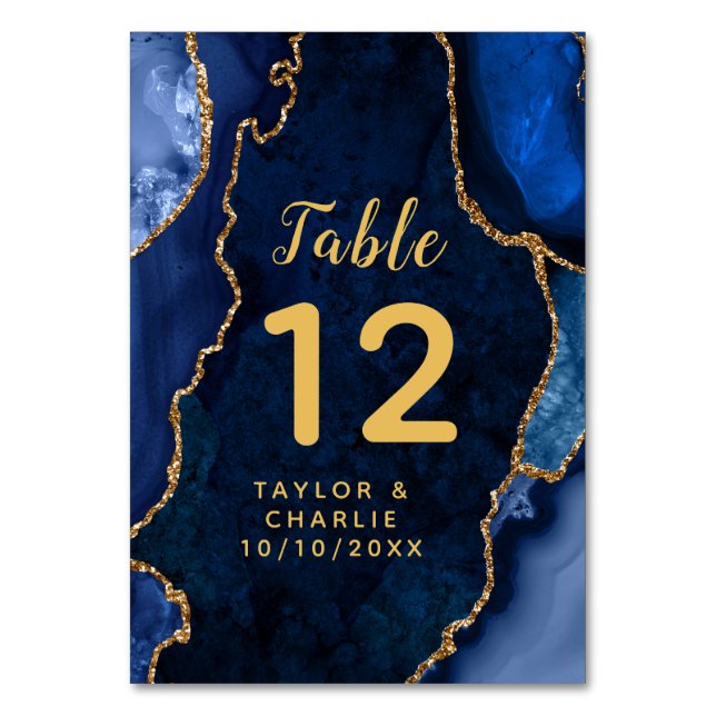 Navy and Gold Agate Marble Wedding Table Number (Front)