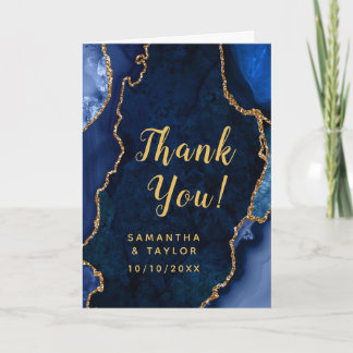 Navy and Gold Agate Marble Wedding Thank You Card