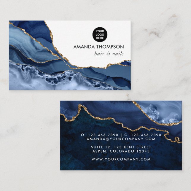 Navy and Gold Agate Precious stone Business Card (Front/Back)
