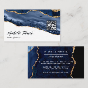 Navy and Gold Agate QR Code Business Card