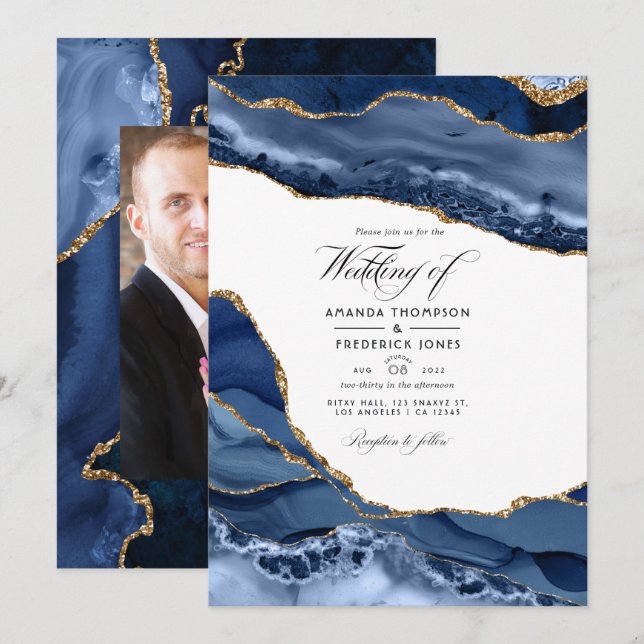 Navy and Gold Agate Stone Wedding Photo Invitation (Front/Back)