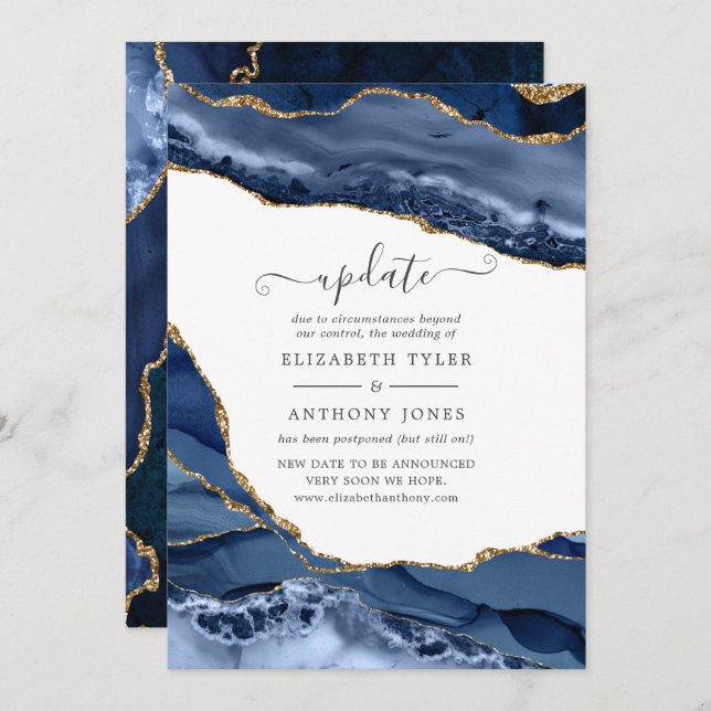 Navy and Gold Agate Wedding Update Invitation (Front/Back)