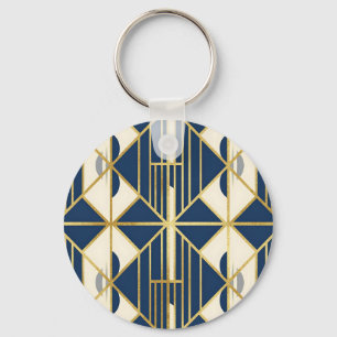 Navy and Gold Art Deco Geometric Pattern Keychain