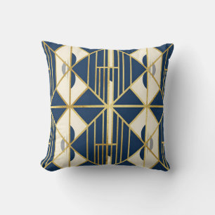 Navy and Gold Art Deco Geometric Pattern Throw Pillow
