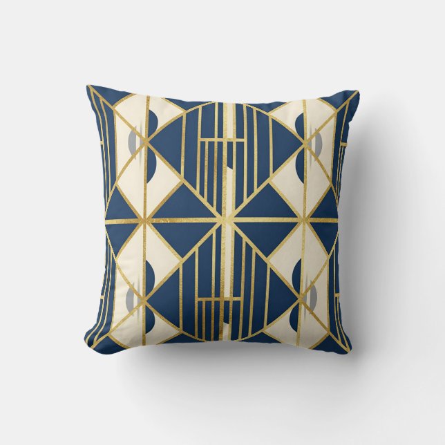 Navy and Gold Art Deco Geometric Pattern Throw Pillow (Front)