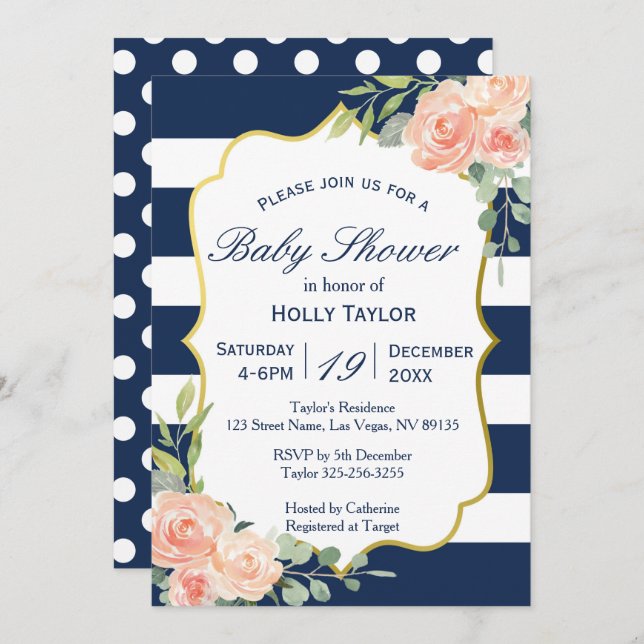 Navy and Gold Baby Shower Invitation (Front/Back)