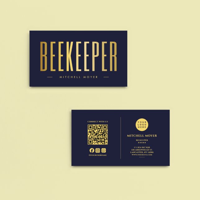 Navy And Gold Beekeeper QR Code & Logo  Business Card (Creator Uploaded)