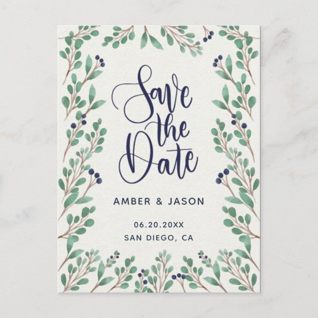 Navy and Gold botanical illustration Save the Date Postcard (Front)